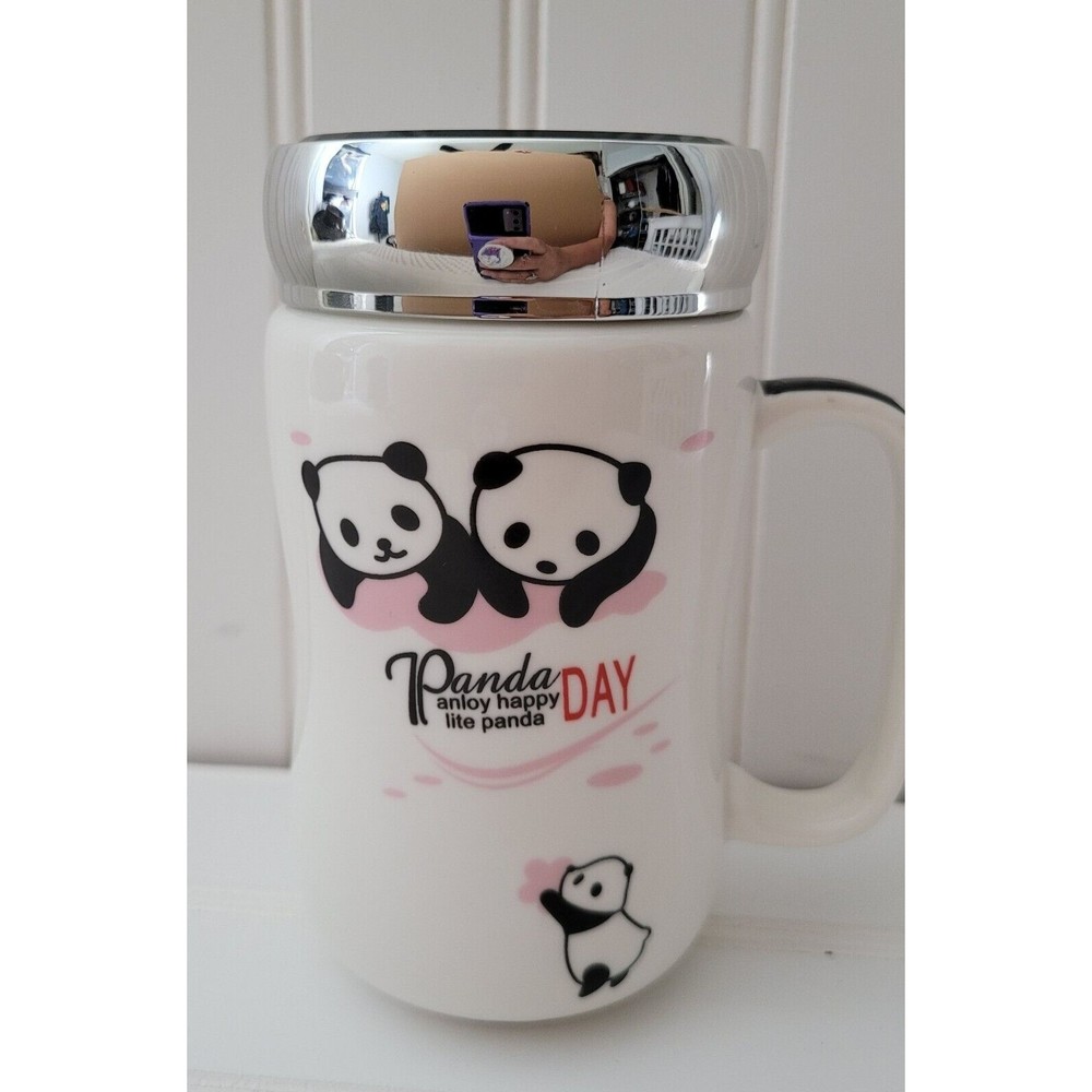 Satyam Kraft Panda Panloy Happy Lite 5 1/2" Coffee Mug w‎ Mirror Lid!